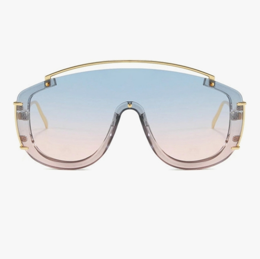 BLUE AND PINK CURVED GOLD FRAMED SUNGLASSES
